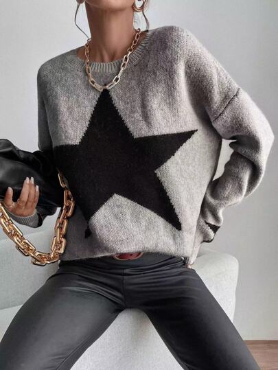 Pariaura Suéter con estampado de estrellas de hombros caídos, parte superior de punto de manga larga para otoño e invierno