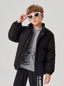 SHEIN Tween Boys Solid Snap Button Padded Coat - Black - View 3