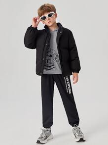 SHEIN Tween Boys Solid Snap Button Padded Coat - Black - View 4