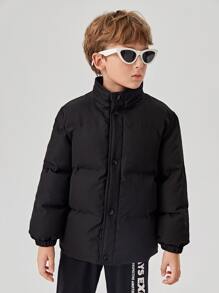 SHEIN Tween Boys Solid Snap Button Padded Coat - Black - View 5