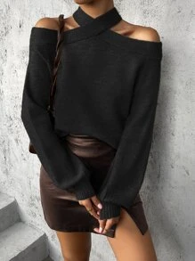 Chiquease Jersey con tira cruzada de hombros descubiertos de manga raglán - Negro - Ver 1