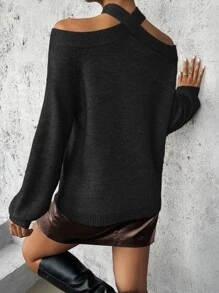 Chiquease Jersey con tira cruzada de hombros descubiertos de manga raglán - Negro - Ver 2