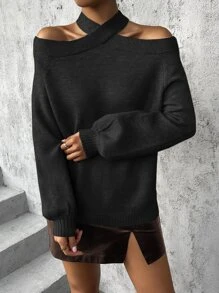 Chiquease Jersey con tira cruzada de hombros descubiertos de manga raglán - Negro - Ver 3