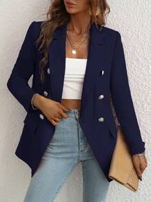 Chiquease Lapel Neck Double Breasted Blazer - Navy Blue - View 1
