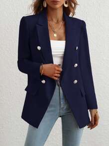 Chiquease Lapel Neck Double Breasted Blazer - Navy Blue - View 3