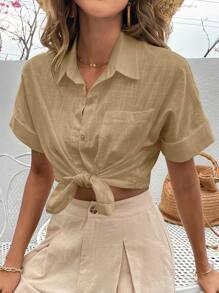 SHEIN LUNE 蝙蝠袖口袋貼布襯衫