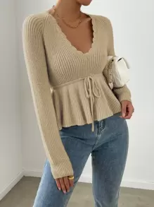 SHEIN Privé Rib-knit Scallop Trim Drawstring Waist Jumper - Khaki - View 1