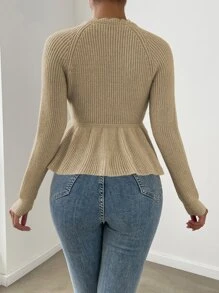 SHEIN Privé Rib-knit Scallop Trim Drawstring Waist Jumper - Khaki - View 2