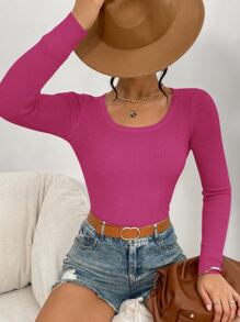 SHEIN Essnce Scoop Neck Ribbed Knit Jumper - Hot Pink - View 6