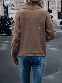 SHEIN LUNE Turtleneck Cable Knit Drop Shoulder Jumper - Coffee Brown - View 2