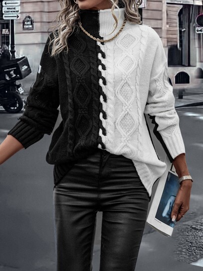 EMERY ROSE Jersey de cuello alto de dos tonos con hombros caídos y punto de cable, tops de manga larga de punto, jersey de punto para otoño e invierno