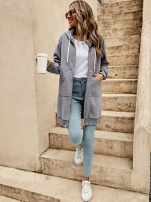 SHEIN LUNE Hoodie Lót nhiệt Dây kéo Dây rút - Màu Xám nhạt - Xem 3