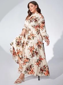 Modelyn Plus Floral Print Layered Hem Belted Dress Maxi Women Outfit Fall Cloth For Women - Beige - View 6