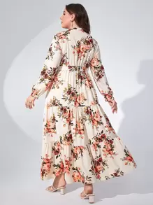 Modelyn Plus Floral Print Layered Hem Belted Dress Maxi Women Outfit Fall Cloth For Women - Beige - View 2