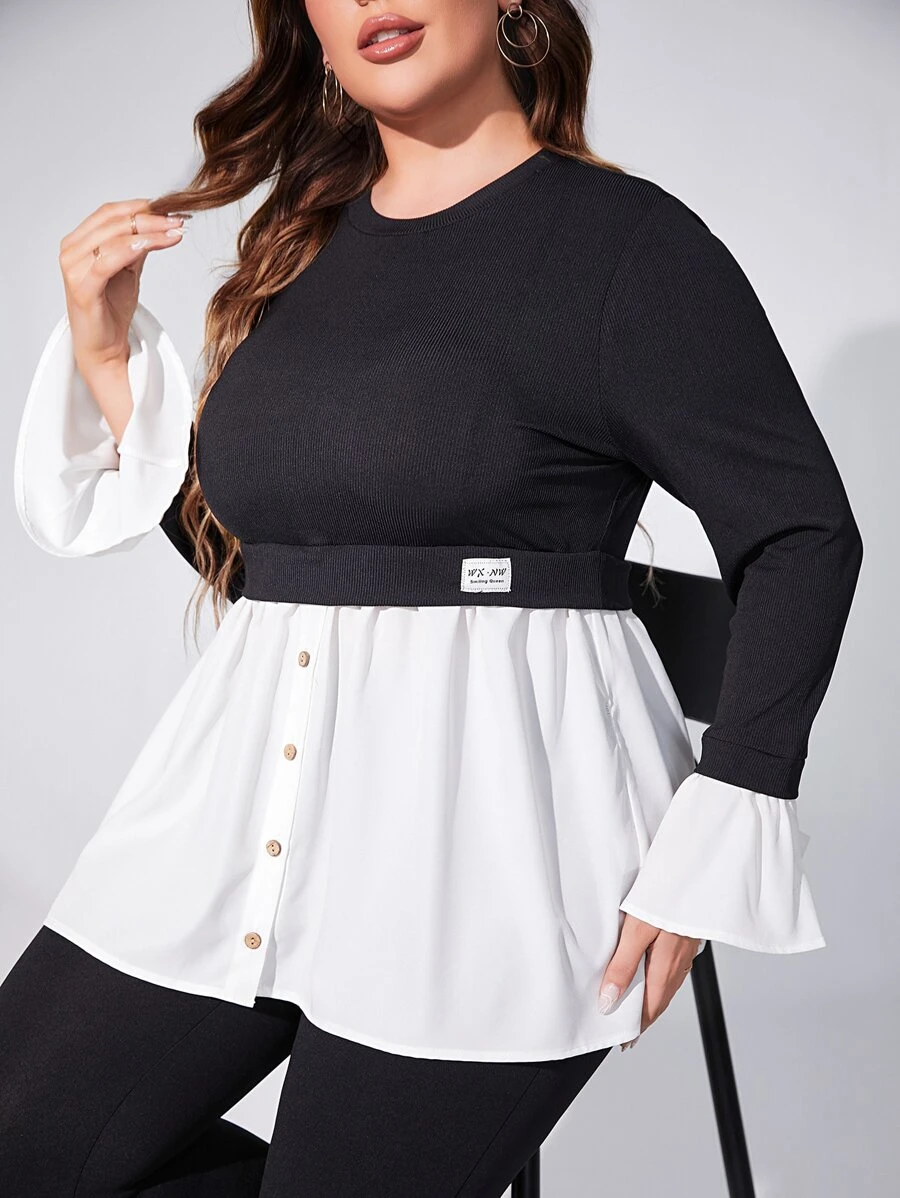 Mulvari Plus Two Tone Flounce Sleeve Patch Detail Top - Black and White - View 1