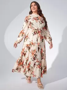 Modelyn Plus Floral Print Layered Hem Belted Dress Maxi Women Outfit Fall Cloth For Women - Beige - View 4