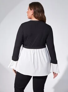 Mulvari Plus Two Tone Flounce Sleeve Patch Detail Top - Black and White - View 2