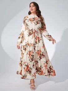 Modelyn Plus Floral Print Layered Hem Belted Dress Maxi Women Outfit Fall Cloth For Women - Beige - View 5
