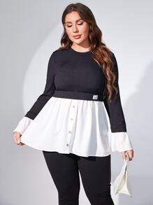 Mulvari Plus Two Tone Flounce Sleeve Patch Detail Top - Black and White - View 3
