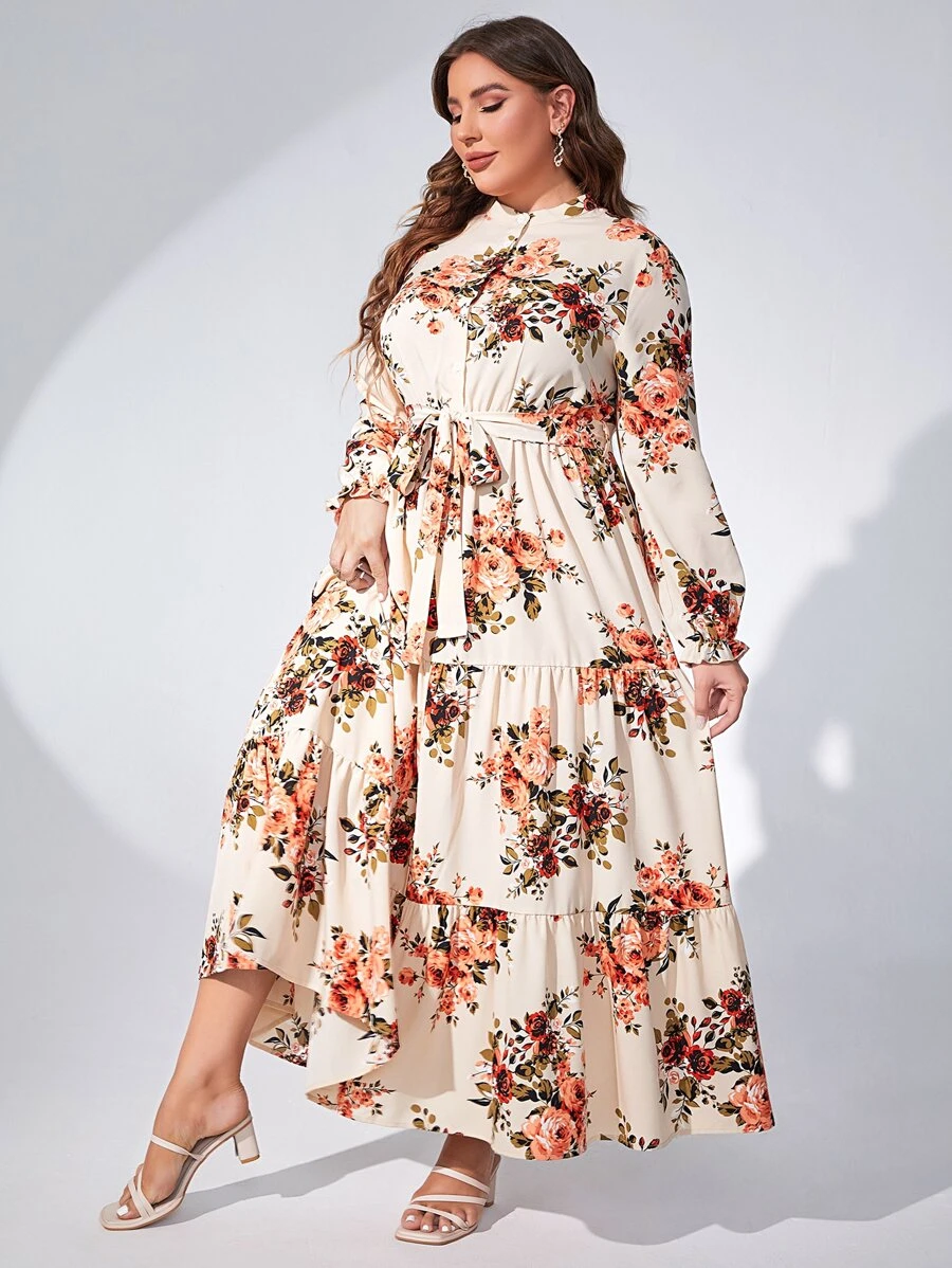 Modelyn Plus Floral Print Layered Hem Belted Dress Maxi Women Outfit Fall Cloth For Women - Beige - View 1