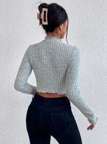 SHEIN Frenchy Mock Neck Lettuce Trim Crop Tee - Light Grey - View 2