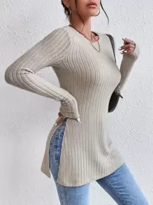 SHEIN Essnce Camiseta tejida de canalé bajo con abertura - Beis - Ver 1