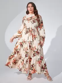 Modelyn Plus Floral Print Layered Hem Belted Dress Maxi Women Outfit Fall Cloth For Women - Beige - View 8