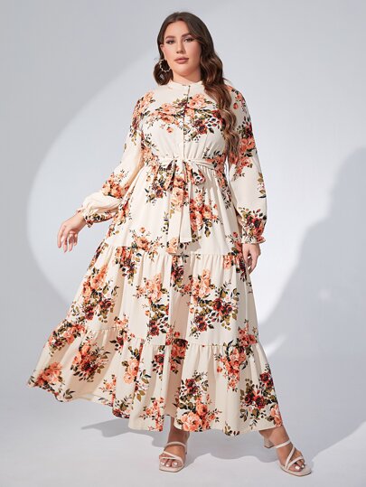 Modelyn 大碼印花多層下擺繫腰帶連衣裙