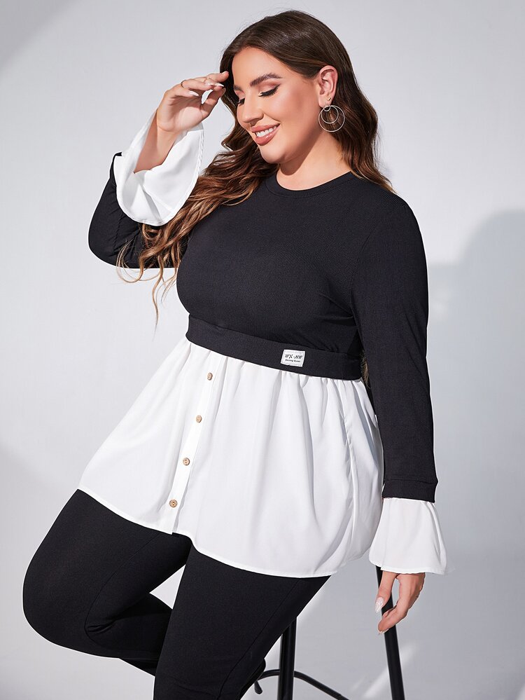 Mulvari 大碼雙色荷葉袖補丁細節上衣 - 黑與白 - 查看 6