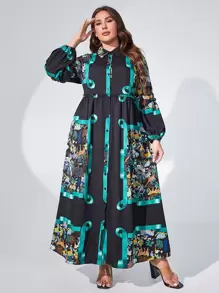 Mulvari 大碼圍巾圖案燈籠袖襯衫洋裝 - 黑色 - 查看 1