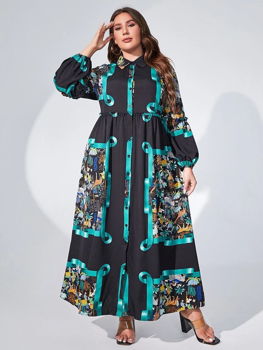 Mulvari 大碼圍巾圖案燈籠袖襯衫洋裝 - 黑色 - 查看 1