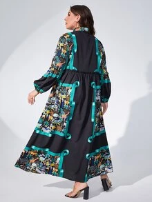 Mulvari 大碼圍巾圖案燈籠袖襯衫洋裝 - 黑色 - 查看 2