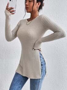 SHEIN Essnce Camiseta tejida de canalé bajo con abertura - Beis - Ver 3