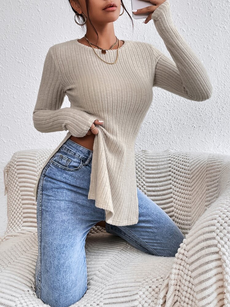 SHEIN Essnce Ribbed Knit Split Hem Tee - Beige - View 4