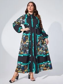 Mulvari 大碼圍巾圖案燈籠袖襯衫洋裝 - 黑色 - 查看 3