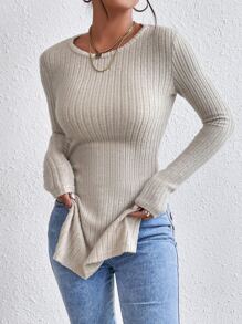 SHEIN Essnce Camiseta tejida de canalé bajo con abertura - Beis - Ver 5