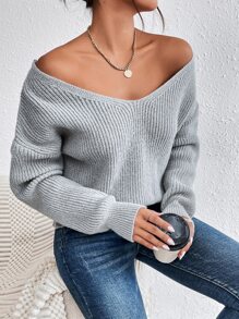 SHEIN Frenchy Guipure Lace Panel Drop Shoulder Jumper - Light Grey - View 3