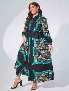 Mulvari 大碼圍巾圖案燈籠袖襯衫洋裝 - 黑色 - 查看 6