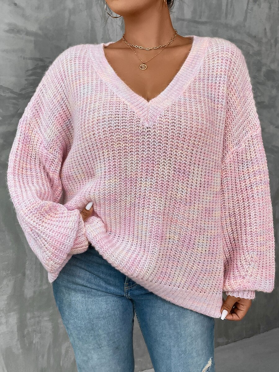 SHEIN LUNE Plus Space Dye Drop Shoulder Jumper - Baby Pink - View 1