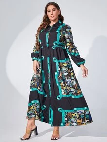 Mulvari 大碼圍巾圖案燈籠袖襯衫洋裝 - 黑色 - 查看 7