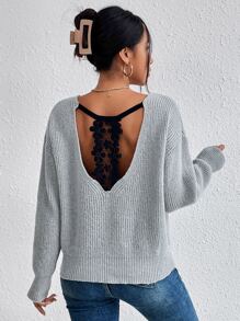 SHEIN Frenchy Guipure Lace Panel Drop Shoulder Jumper - Light Grey - View 5