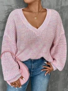 SHEIN LUNE Plus Space Dye Drop Shoulder Jumper - Baby Pink - View 3