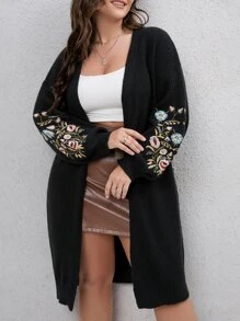 SHEIN LUNE Plus Size Women's Floral Embroidery Knitted Cardigan Sweater - Black - View 1
