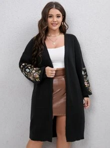 SHEIN LUNE Plus Size Women's Floral Embroidery Knitted Cardigan Sweater - Black - View 3