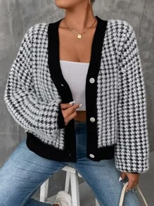 Celure áo hở cổ kích thước lớn Nút phía trước răng cưa Giải trí - Đen và trắng - Xem 3