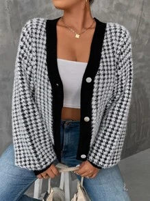 Celure áo hở cổ kích thước lớn Nút phía trước răng cưa Giải trí - Đen và trắng - Xem 4