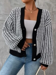 Celure áo hở cổ kích thước lớn Nút phía trước răng cưa Giải trí - Đen và trắng - Xem 5