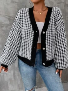 Celure áo hở cổ kích thước lớn Nút phía trước răng cưa Giải trí - Đen và trắng - Xem 6