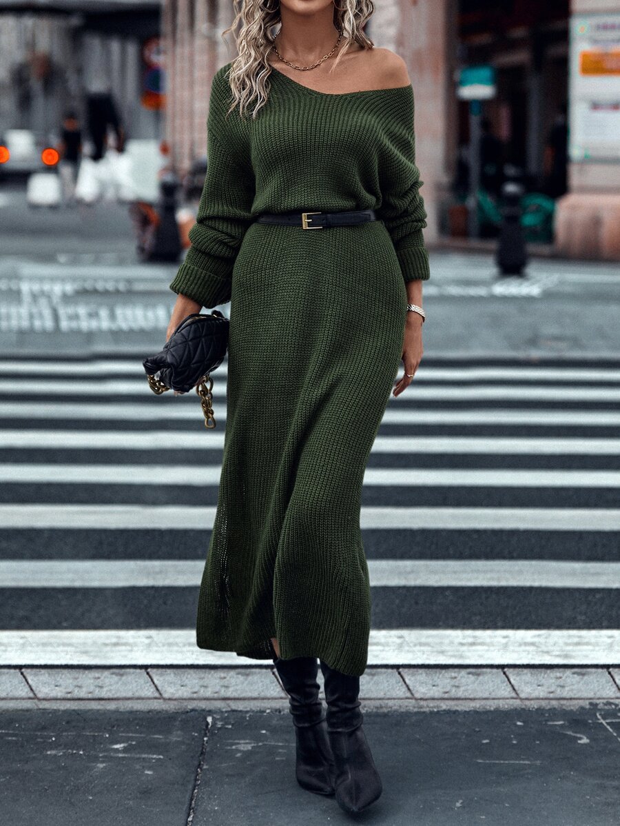 SHEIN LUNE Drop Shoulder Jumper Dress Without Belt - Army Green - View 1