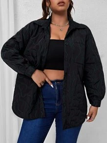 Plus Stitch Detail Patched Pocket Drop Shoulder Padded Padded Coat Clothes Winter - Black - View 1